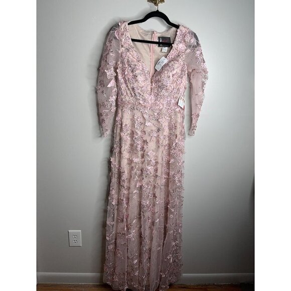 Mac Duggal 67483 Rose Pink Floral Applique Long Sleeve Illusion Gown Size 8 NWT - Picture 5 of 12